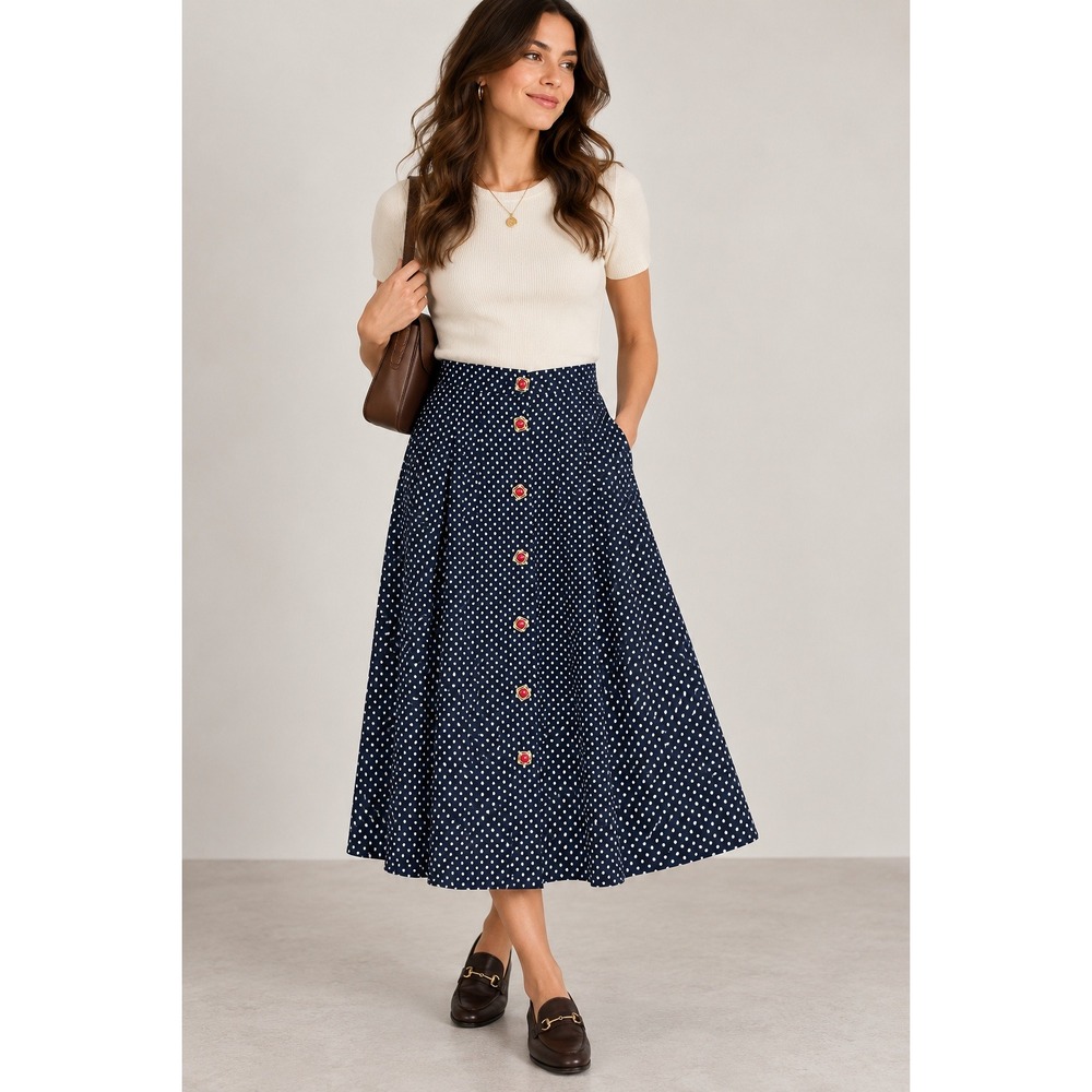 90s Navy Polka Dot Midi Skirt Button Front Preppy Quiet Luxury S/M